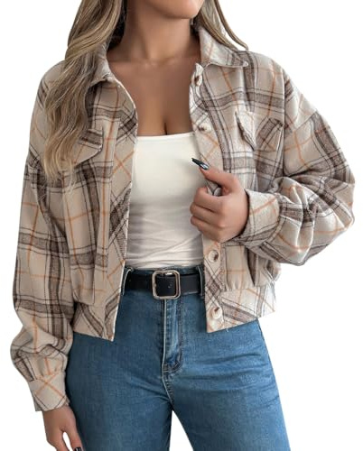 Generisch Veste chemise à carreaux pour femme de style cropped - Veste courte mi-saison avec boutonnière et poches de poitrine - Shacket décontracté avec manches ballons