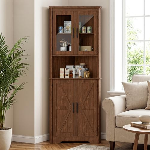 Tall Corner Storage Cabinet with Barn Doors, 5-Tier Farmhouse Corner Cabinet for Living Room, 2 Wooden Doors,2 Glass Door and 5 Shelves, Space Saving Freestanding Sideboard for Home, Kitchen,Brown