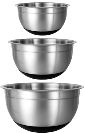 Buckingham Designer Set of 3 Stainless Steel Salad Mixing Bowls Silicon Base, Silver Black, 16919