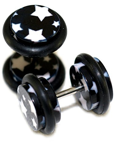 Fake Cheater Illusion Faux Ear Plugs White & Black Stars Design 0G 8mm