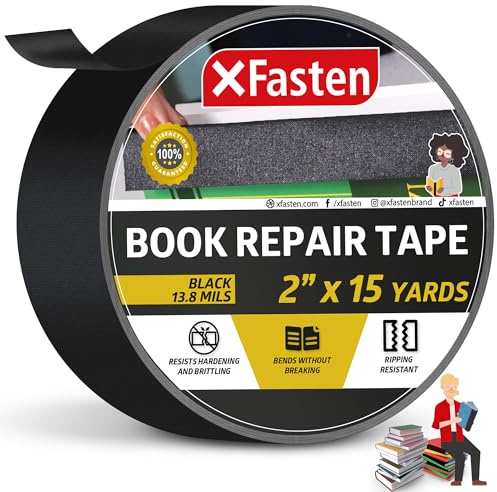Xfasten reliure ruban de réparation, Noir, 5,1 cm par 13,7 m, tissu, bibliothèque livre Gonds ruban de réparation, sans acide et sans danger d'archivage