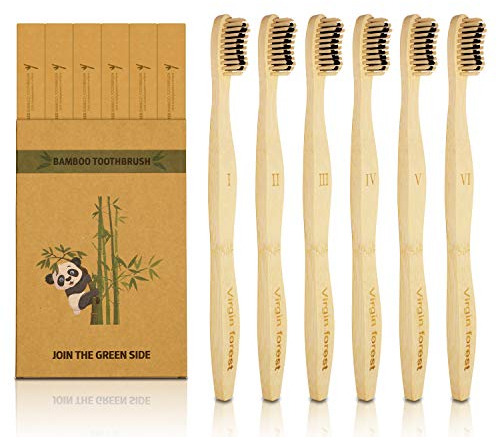 Brosse à dents en bambou, naturel et écologique, charbon biodégradable, poils doux bio sans BPA, brosse à dents de voyage en bois (haut de gamme, manche ergonomique et 6 poils bicolores)