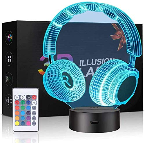 3D Illusion Nachtlampe, für Jungen Mädchen Tisch Schreibtischlampe 7 Farbwechsel USB Powered Inneneinrichtung Acryl LED Kunstskulptur Lichter mit Fernbedienung - Perfekte Geschenke (Kopfhörer 2)