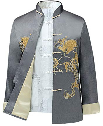 Chinese Style Tai Chi Shirt Kung Fu Tops Tang Suit Men Long Sleeve Dragon Embroidered Jacket Coat Outwear Grey