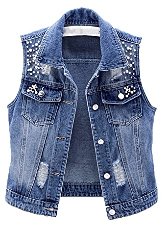 Yiwjby Chaleco Sin Mangas Para Mujer Chaleco De Mezclilla De Verano Moda Casual Chaqueta De Jeans Cortos Agujeros Con Cuentas Abrigo De Jeans Delgado Blue 3XL