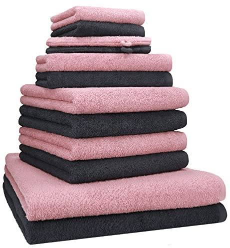 Betz 12 TLG. Handtuch Set Berlin 100% Baumwolle 2 Liegetücher 4 Handtücher 2 Gästetücher 2 Seiflappen 2 Waschhandschuhe Farbe Lotus - Graphit