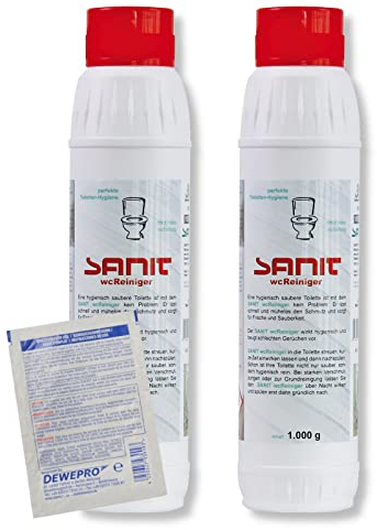 DEWEPRO Set: SANIT wcReiniger (3051) - 2 Flaschen à 1000g - Profi WC-Reiniger in Granulatform - angenehme Frische, Sauberkeit und Hygiene im WC - inkl. 1 St. DEWEPRO® Single Scrubs