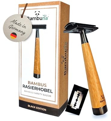 BAMBUNA Rasierhobel Herren & Damen inkl. 5 Klingen - Rasierhobel Set Schwarz - Sicherheitsrasierer mit geschlossenem Kamm - Rasierhobel mit Bambusgriff - Plastikfrei & Nachhaltig+eBook