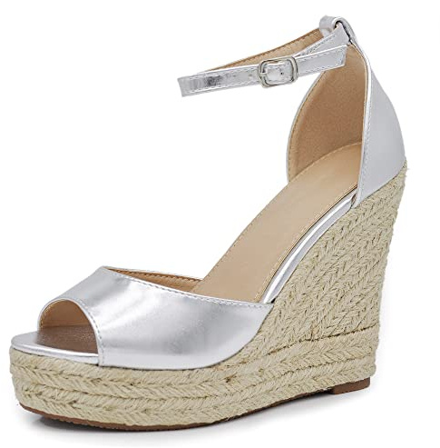 IF Scarpe Sandali Espadrillas da Donna con Platform Zeppa Corda Cinturino Fibbia X7M0096 argento N.39
