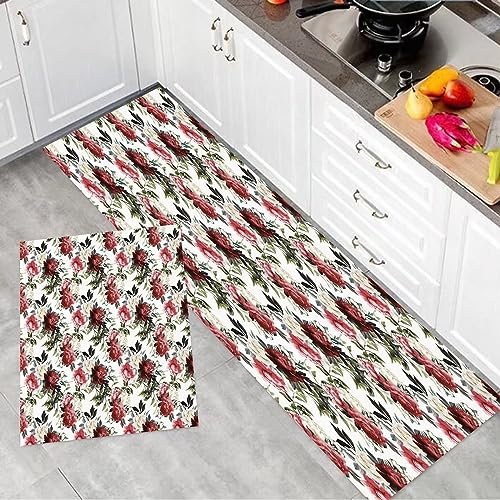 2 Stück Küchenmatte Waschbar rutschfest Küchenmatte,Shabby Chic, Landhausstil Blumen Blumen Rosen Aquarell Bildkunst, Creme Dar,Teppiche Mit Staubdicht Für Küche Wohnzimmer, Esszimmer (45x70+45x120cm)