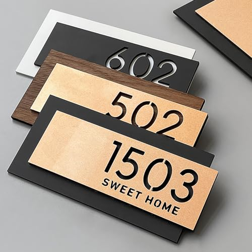 Placas de nombre personalizadas en acrílico 3D, negro y dorado, con nombre de calle en fuente moderna - Número de casa y letrero de dirección de tienda