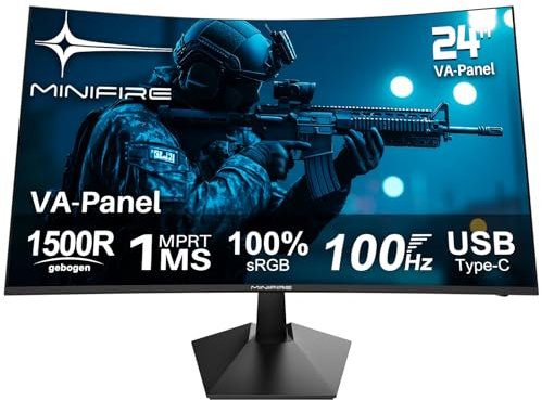 Minifire 24 Zoll Gaming Monitor, 100Hz, Curved Gaming Monitor, Lautsprecher, USB Type-C Port, 1Ms, sRGB100%, FHD 1080P Computer Bildschirm, VESA kompatibel, Eye Care Adaptive Sync HDMI Port （MF24C1 ）