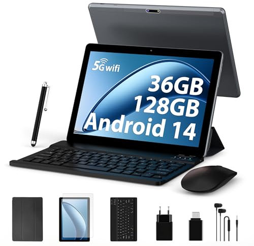FORUSER Tablet 10 Zoll 2024 Neuestes Android 14 Octa-Core 2.0GHz,5G WiFi 6/ 36GB RAM+128GB ROM (TF 1TB), 8000mAh,Akku/WLAN/Bluetooth 5.0/Tablet mit Tastatur,Case(Grau)