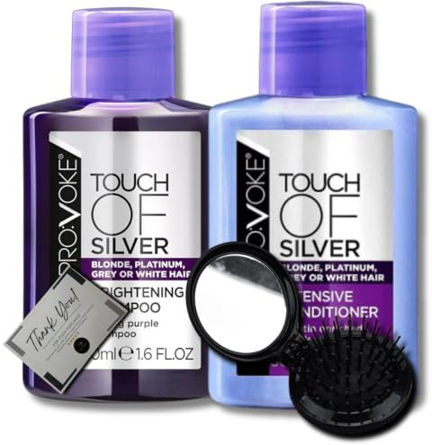 Provoke Touch Of Silver Hair Care Bundle – Brightening Shampoo 50ml, Intensive Conditioner 50ml, BVO Luxe Folding Hairbrush - Purple travel shampoo and conditioner for blonde, silver and grey hair