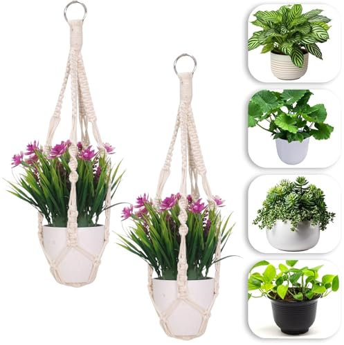 Pixaro 2 Stück Makramee Blumenampel mit Boho Hänge Körbe, Baumwollseil für Hängepflanztopf Beige Hängeampel zum Aufhängen für Innen Außen Balkon Wohnzimmer Garten Fenster Wanddekoration