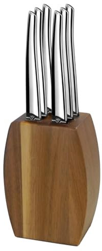 LOU LAGUIOLE - Blocco in legno di acacia con 6 coltelli da bistecca - Jet - Acciaio inossidabile 13 C, Finitura a Specchio - 9 x 5 x 12 cm - Legno