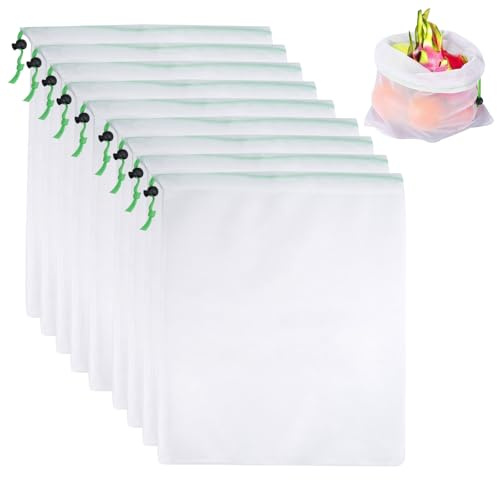 10 Piezas Bolsas de Malla con Cordón 35 x 30 cm Portátil Reutilizable Lavable y Antimoho Plegable para Almacenar Alimentos, Verduras, Frutas, Artículos para el Hogar, Juguetes, Objetos Pequeños