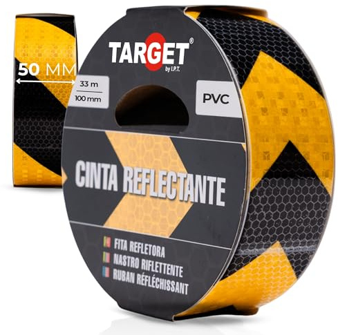 TARGET Cinta Reflectante Adhesiva, Advertencia Señalización Marcaje Alta Visibilidad Peligro Seguridad (FLECHAS AMARILLAS y NEGRAS, 33 M X 50 mm)