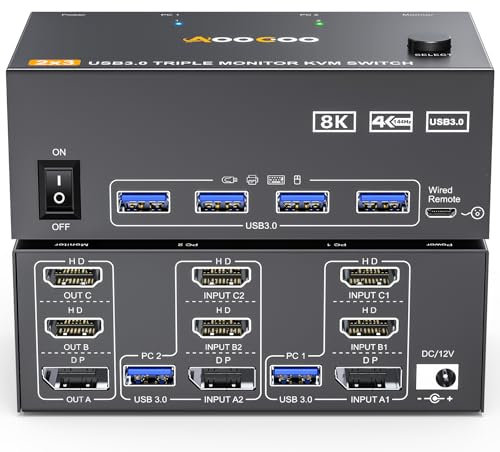 Triple Monitor KVM Switch HDMI DP 8K@60Hz/4K@144Hz, 3 Monitor KVM Switch Para 2 PC que comparten 3 monitores y 4 concentradores USB 3.0, controlador de escritorio y cables USB incluidos