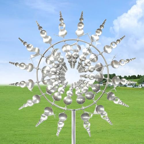 Gupcaqosjw 3D Wind Spinner - Metal Kinetic Garden Sculpture With Rustproof Stake - 31 x 2 x 93 cm for Patio, Lawn and Outdoor Decoration, Silver