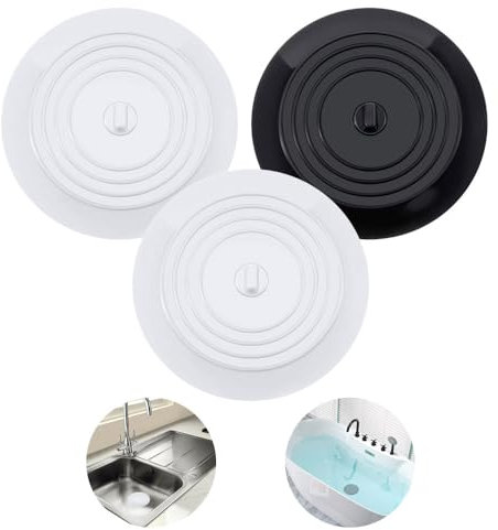 3 Pièces Bouchon de Baignoire Universel, 15cm Bouchon de Vidange en Gel de Silice, Bouchon D'évier, Bouchon Evier de Cuisine, pour Douche, Baignoire, Lavabo, évier(2Blanc 1Noir)