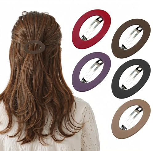 Lot de 5 Barrettes à Cheveux - Pince Plate pour Cheveux Fins - Moyenne 8CM - Demi-Tressé, Queue de Cheval - Marron/Noir/Bleu/Kaki/Lilas