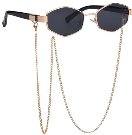 Oiieco Occhiali da sole esagonali in metallo retrò con catena oro, occhiali da sole esagonali di lusso da donna Uv400, occhiali da sole da donna polarizzati design retrò