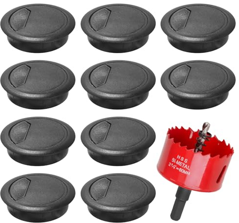 10 Stück Kabeldurchführung Schreibtisch, 60mm Schwarz Kabeldurchlass mit 1 Stück Lochsäge Tisch Kabeldurchführung Kabeldurchlass Schreibtisch für Tisch Büro Arbeitsplatten