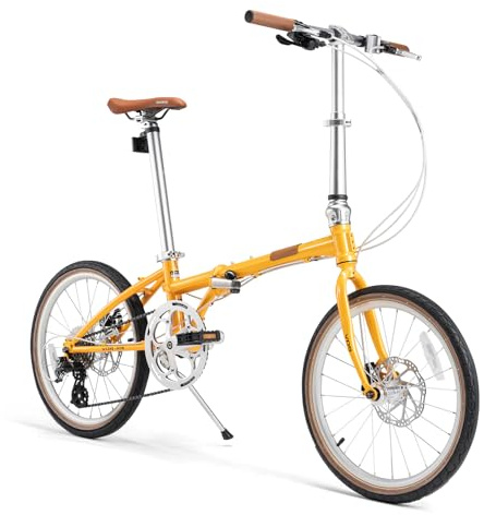 ROCKBROS VDS Bicicleta Plegable 20 de Acero CR-Mo, Bicicleta Urbana Cambio Altus con 8 Velocidades, 12 kg, Freno de Disco para Hombres y Mujeres, Adolescentes, para Ciudad y Commuting, Amarillo