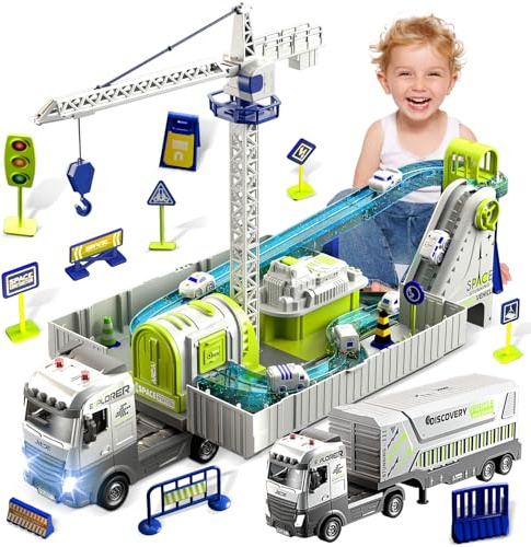 Charmofun Camion Cantiere Giocattolo Bambini, Veicoli da Cantiere con Piste Macchinine e Torre Gru, Mini Macchina, Grandi Camion in Lega Regalo per Bambini 3+ Anni
