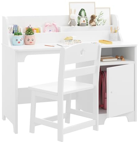 Garvee Escritorio Infantil con Silla y Cabaña, Mesa de Estudio de Madera | con Armario de Almacenamiento para Niños, Pupitre con Estante para Niños y Niñas de 3 a 12 Años, Blanco