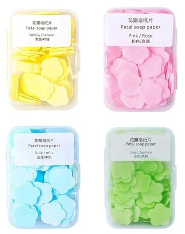 HDouii Paper Soap, 4 Different Scented Mini Fresh Portable Disposable Petal Hand Wash Sheets, Dissolvable Hand Bath Soap, Suitable for Outdoor, Travel, Camping, 4 Boxes (Approx 400 Sheets)