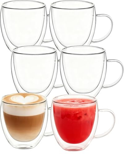 Glass Coffee Cups Set Of 6 - 8.5oz Double Walled Glass Coffee Mugs with Handle,Clear Insulated Borosilicate Glass Mug,Suitable for Cappuccino,Tea,Latte,Hot Beverage and Wine (6 Pack 8.5oz +6 Spoons)