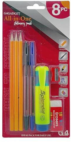 G4GADGET All-in-One Stationery Pencil Set for Kids, Students & Office – 8PC Pack with 3 Wooden Pencils, 2 Ballpoint Pens, Highlighter, Eraser & Sharpener for School, Drawing, Sketching & Daily Writing