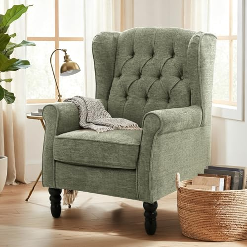 MALOL Fauteuil Vintage Mi-Siècle, Fauteuil à Oreilles Rembourré avec Capitonnage Boutonné, Housse en Tissu et Pieds en Bois Massif pour Salon, Bureau, Café - Vert