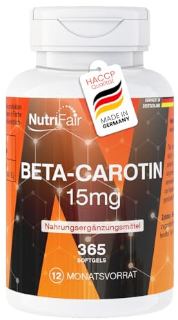 Betacaroteno - 365 cápsulas blandas - 15mg por cápsula blanda - equivale a 25.000 UI - Alta dosis - Producción alemana y pruebas de laboratorio - NutriFair | Premium & Fair