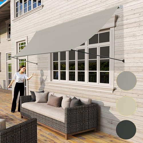 UISEBRT Fallarmmarkise Fenstermarkise einziehbar 300x145 cm, Balkonmarkise mit Kordel und Aluminium Stützstange,Sonnenmarkise UV-Schutz Wetterfest für Fenster Terrasse Balkon, Grau