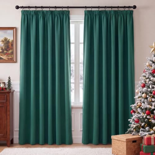 PONY DANCE Blackout Pencil Pleat Curtains, Dark Green, W90 x L90, 2 Panels | Thermal Insulated Curtains with Noise Reducing & Privacy, Luxury Soft Window Treatment for Bedroom & Living Room