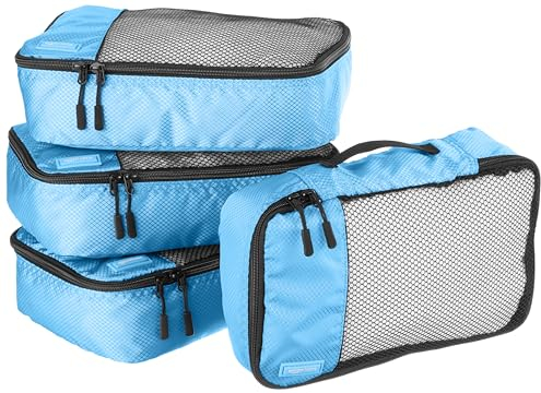 Amazon Essentials 4-teiliges Packwürfel-Reisezubehörset, Gepäckorganizer mit doppeltem Reißverschluss, Netzoberseite, 100% Polyester, klein, himmelblau (früher Amazon Basics)