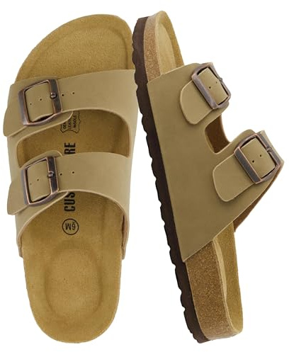 CUSHIONAIRE Lane Cork Footbed Womens Sandals Comfortable Double Buckle Slip On Sandals for Women with Arch Support and Classic Two Strap Design, TAUPE 9