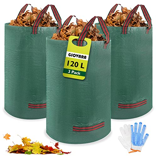 GIOVARA 3 x 120L Sacs à déchets de jardin robustes, Sac à feuilles, Sacs de jardin réutilisables avec poignées pour les déchets de jardin et pliable pour le traitement des feuilles dans le jardin