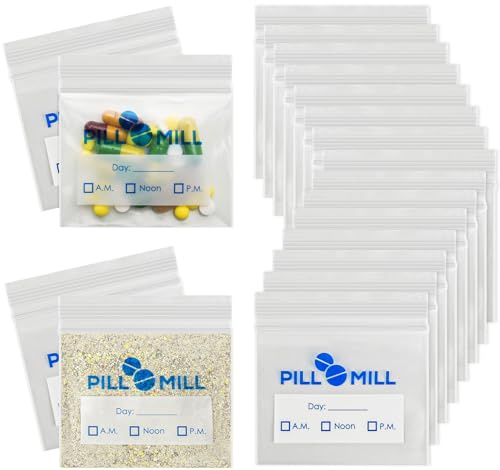 Pill Bag Count - Size 3 X 2 3 Mil – Plastic Pill Organizer Bags – Small Pocket Pill Baggies – Travel Pill Pouch– Daily AM PM Medicine Storage Pouches – Locking Pill Carrier Container (100-Pack)