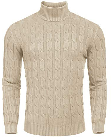 COOFANDY Men's Slim Fit Turtleneck Sweater Casual Twisted Knitted Pullover Sweaters (Medium, Light Khaki)