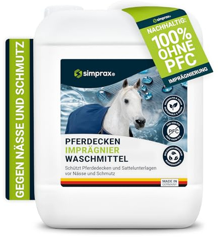 SIMPRAX® Lessive Imperméabilisant Couverture Cheval & Tapis de Selle - sans PFC, Certifié Oeko-TEX & V-Label - Imperméabilisant Tissu Textile Respirant & Écologique - Lavage Machine/Main - 5 L