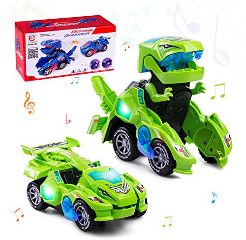 Highttoy Transforming Dinosaur Toys for 3-7 Year Old Boys Girls, Electric Automatic Transforming Dinosaur Car with Flashing Lights & Music, Gifts for Kids Age 3+, Green