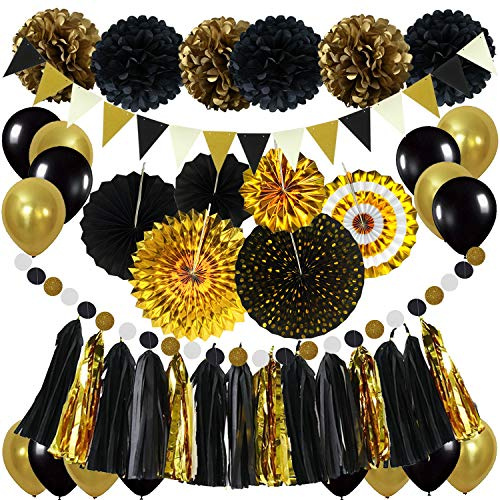ZERODECO Forniture per Feste di Capodanno, ventagli di Carta appesi Neri e Dorati Pom Poms Fiori Ghirlande di Nappa Stringa Triangolo Bandierine e Palloncini