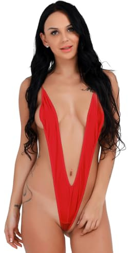 YOOJIA Kvinnors mikro bikini sexiga endelade tröjor bodysuit string sling shot v djup G-string string stringtröja dam sexig mini bikini badkläder pool, Färg: röd, One size