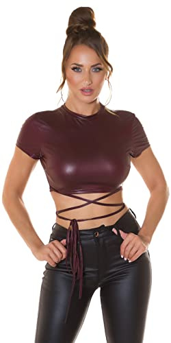 Koucla Top Wetlook Crop Top da legare senza pancia a maniche corte, bordeaux, Taglia unica