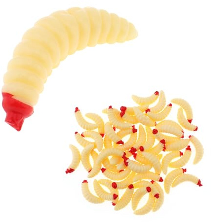 OriGlam 50 esche a forma di vermi in plastica morbida, esche per la pesca della spigola, esche da pesca a vermi per acqua dolce e salata (beige)