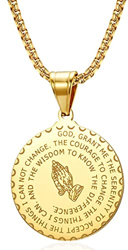 Yaumatea Serenity Prayer Necklace with Praying Hands Coin Pendant for Men Women Lords Prayer Bible Verse Courage Wisdom Stainless Steel (Gold)